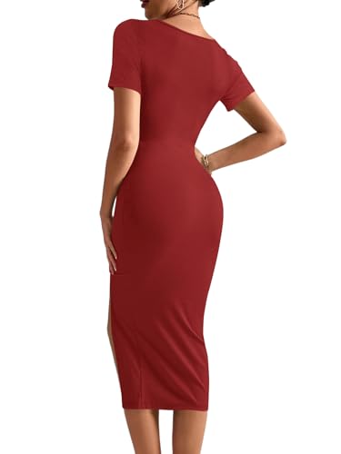 Image of Rooscier Women's Twist Cutout Waist Split Crewneck Short Sleeve Bodycon Midi Dress