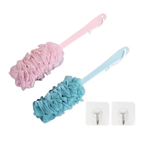 2 Pack Loofah Bath Brush with Long Handle Bath Shower Back Scrubber Body Brush for Men and Women Pink and Blue