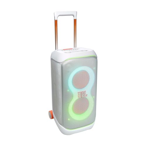 Image of JBL Partybox 320, Portable Bluetooth 240W Party Speaker, AI Sound Boost, Futuristic Light Show, Multispeaker Connection by Auracast, Telescopic Handle & Wheels, Dual Guitar & Mic Inputs (White)