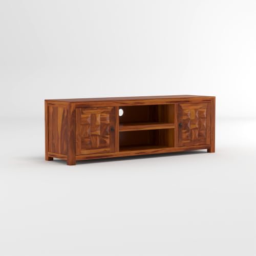 Image of Solid Sheesham Wood Entertainment TV Unit with 2 Door | Rosewood Tv Stand /TV Cabinet for Living Room | Bedroom | Wooden TV Panel with Shelf Stoarge | TV Table