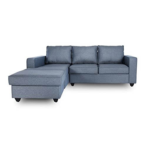 Image of Wakefit Sofa Set for Living Room | 3 Year Warranty | L Shape Sofa, Sofa Set, Wooden Sofa Set for Living Room, 2 Seater Sofa + Left Aligned Chaise + Ottoman - Napper (Fabric, Omega Blue)