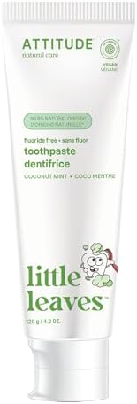 ATTITUDE Kids Fluoride-Free Toothpaste, Made in Canada, Plant- and Mineral-Based Ingredients, Vegan, Sugar-Free, Coconut and MInt 120 grams