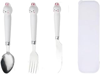 Flatware Silverware Set, 3/12/18/24/30/36 Pieces Creative Stainless Steel Portable Tableware Cute Animal Student Outdoor Knife, Fork, Spoon Set, Tableware Cutlery Set(White,3 Pieces for 1)