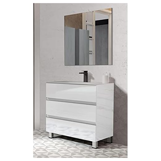 Juego de Mueble de Baño Modelo Basic, Conjunto formado por Mueble de Baño, Lavabo de Porcelana y Espejo. Compacto Preinstalado de Fábrica