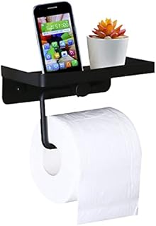Black Toilet Roll Holder Wall Mounted,Stainless Steel Toilet Paper Holder for Bathroom & Kitchen,2 in 1 Self Adhesive Toilet Roll Holder with Shelf,No Drill Tissue Roll Holder Bathroom Accessories