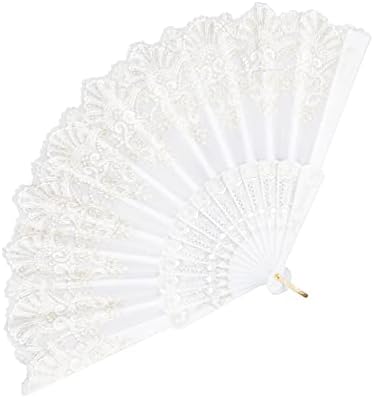 EOSAU Spanish Folding Fan Vintage Handheld Fan Traditional Retro Pattern Fabric Plastic Frame for Wedding Dancing Party (White)