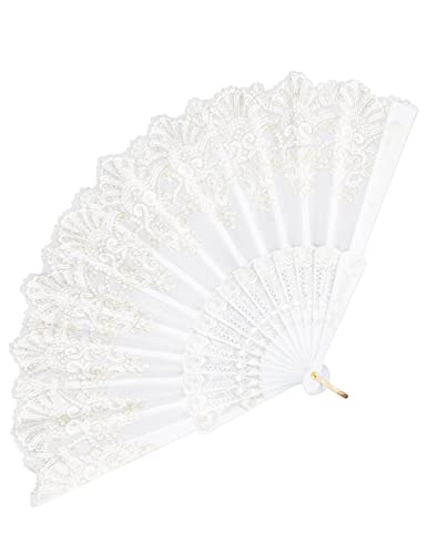 Eosau Spanish Folding Fan Vintage Handheld Fan Traditional Retro Pattern Fabric Plastic Frame For Wedding Dancing Party (White) #TOP2