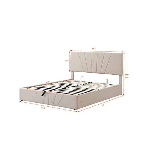 Queen Upholstered Platform Bed With Lifting Storage, Queen Size Bed Frame With Storage And Tufted Headboard,Wooden Queen Platform Bed For Kids Teens Adults,No Box Spring Needed(Queen, Beige) #TOP1