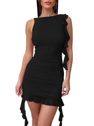 Zwurew Women's Bodycon Mini Dress Summer Sleeveless Ruched Mesh Ruffled Hem Club Party Dresses
