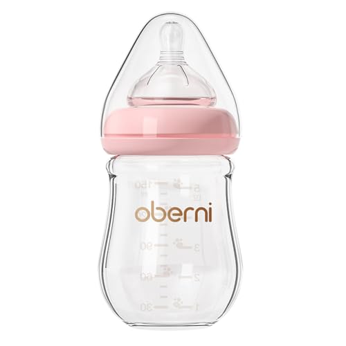 Oberni Glass Baby Bottle for Newborn Nursing Feeding, Wide Neck Anti-Colic with Slow Flow Food Grade Silicone Breast-Like Nipple, 4 Oz/120ml/0-3 Months, Pink/1Pack