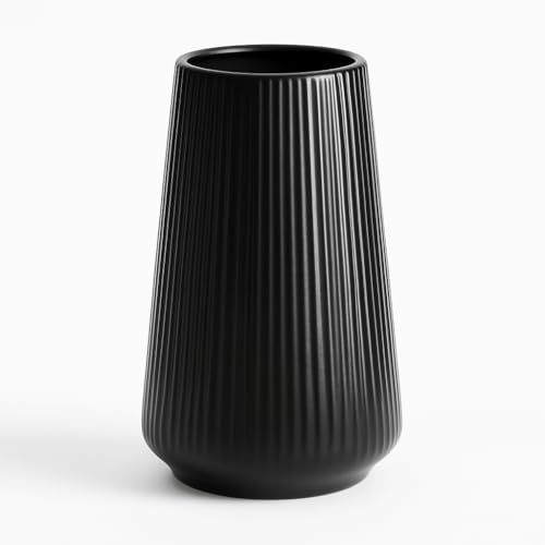 vensovo 8 Inch Matte Black Ceramic Vase, Ribbed Narrow Neck Flower Vase