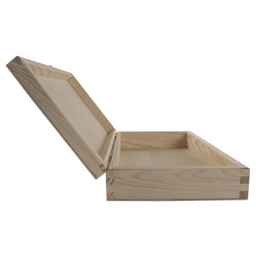 WooDeeDoo Shallow Wooden Gift Box with Clasp and Hinged Lid – 25 x 15 x 5 cm – Unpainted Pine Keepsake Storage Case for Crafts Cards Jewellery DIY Decoration Personalise Memory or Gift Use