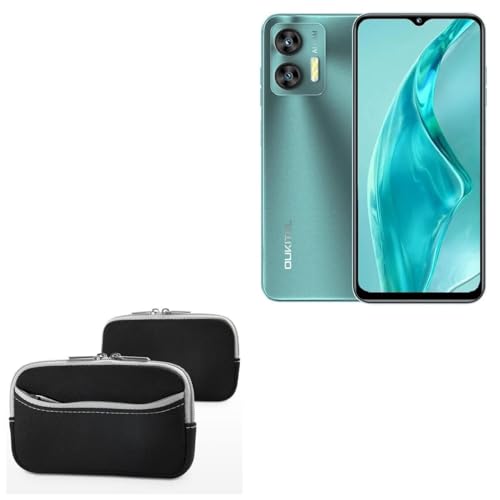 BoxWave Case Compatible with Oukitel C36 - SoftSuit with Pocket, Soft Pouch Neoprene Cover Sleeve Zipper Pocket - Jet Black with Grey Trim