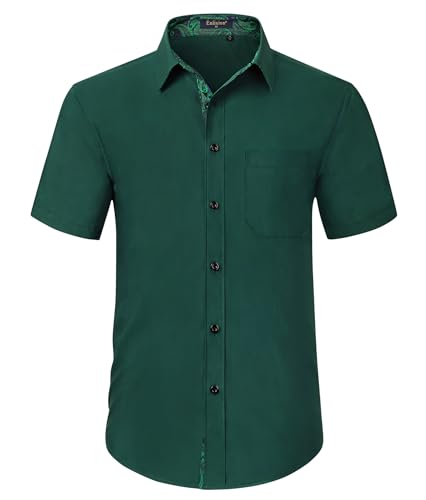 Image of Enlision Mens Short Sleeve Green Formal Shirt Regular Fit Dress Shirt Button Down Business Casual Shirts L