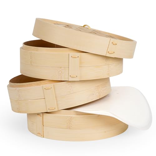 Lanmik 10 Inch 3 Tier Bamboo Steamer Basket with 50 Parchment Papers, For Kitchen, Dumplings, Buns, Dim Sum