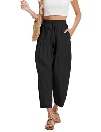 DAOAO Cotton Linen Barrel Pants Women Wide Leg Hippie Boho Casual Loose Harem Pants Pleated Pull On Elastic Waist Black XL — view 5
