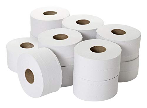 Mini Jumbo Toilet Rolls, Essential White Toilet Rolls, 2 Ply, 150m, Pack of 12, (White Mini Jumbo Roll)