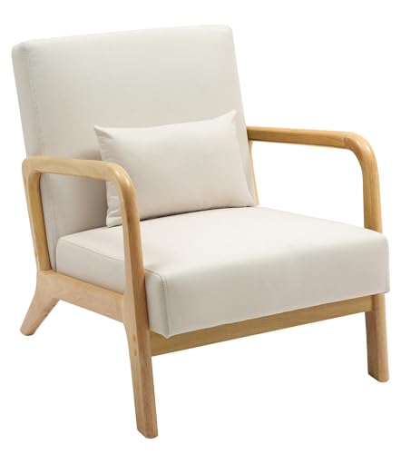 CLP Sillón Hibbing en Tela con cojín I Silla de Descanso con Base & reposabrazos de Madera I Butaca alcochada nórdica con Respaldo, Color:Crema