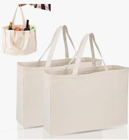 VGECEE Bolsa de la compra grande, 3 unidades, de algodón, 45 x 35 cm, de tela, para la compra, de algodón, sin estampado, para pintar, de algodón