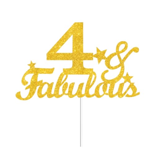 4 & Fabulous Cake Toppers Gold Glitter, Happy 4th Birthday Cake Topper Cheers to 4 Years Old Bday Decoration, Four and Fabulous Cake Decorations for 4 Birthday Anniversary Party