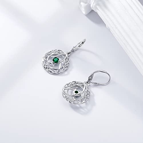 Sterling Silver Trinity Celtic Knot Dangle Earrings With Simulated Emerald Simulated Birthstone Triquetra Celtic Drop Earrings For Women Vintage Round Lucky Irish Celtic Jewelry For Teen Girls #TOP2