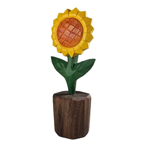 Hand-Carved Wooden Sunflower Figurine – Artisan Solid Wood Flower Statue for Rustic Farmhouse Shelf Decor & Desk Accessories – Unique for Her, Mom, Teachers (5 Inch, Gift Boxed)