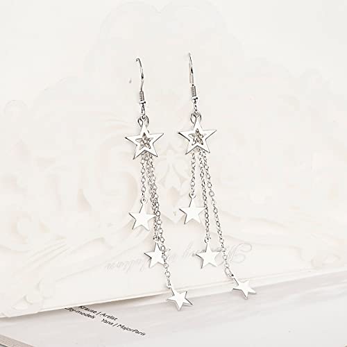 Asymmetrical Star Moon Tassel Drop Dangle Earrings For Women Teen Girls Dainty Long Lucky Star Crescent Planet Chain Tassel Earrings (Silver) #TOP7