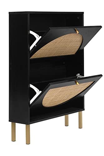 Rattan 2-Drawer Shoe Cabinet Modern Freestanding Shoe Rack Organizer Set Of 2 Wooden Entryway Narrow Shoe Storage Cabinet W/Natural Rattan Flip Doors For Closet Hallway Small Space(2 Pack-Black) #TOP3