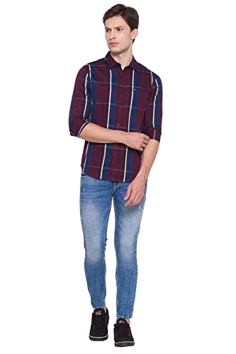 Image of Spykar Mens Cotton Wine Red Checked Shirts