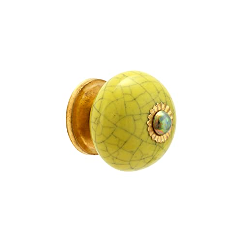 Rasiya Art Drawer Knobs - Handmade Ceramic Dresser Pull Handle Kitchen Cabinets Countryside Farmhouse Boho Decor Furniture Hardware - Yellow Crackle - Pack of 4
