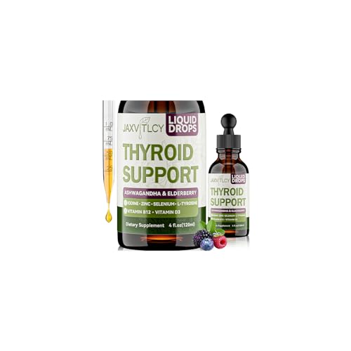 JAXVITLCY Thyroid Support Drops with Iodine Selenium Zinc & L-Tyrosine - Liquid Metabolism & Energy Supplement with Ashwagandha & Elderberry - Vegan Non-GMO Berry Flavor High Absorption 4 Fl Oz
