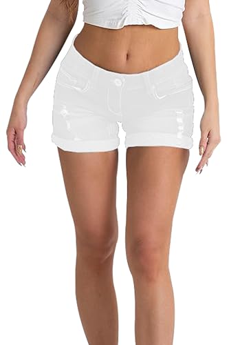 Womens Denim Shorts Stretchy Skinny Distressed Ripped High Waisted Rollup Summer Designed Ladies Boyfriend Hot Denim Jeans Short Pants 8-20 (UK, Numeric, 12, Regular, Regular, White)