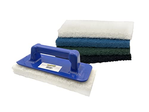 Scrub Dr. Multi-Surface Scrub Pad Holder with Scraper Edge - 4 Pack Reusable Commercial Grade Scrub, Perfect for Kitchen Set Cleaning, Grill Cleaning Kit, and Tile Scrubber by The Tile Doctor