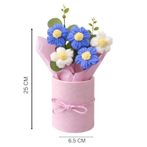 Image of VCR Handmade Blue Crochet Bouquet- Pack of 3 - Hand Woven Knitted Artificial Hand Knitted Bouquet Flower for Office Desk, Table, Car, Bedroom, Wedding & Special Occasions