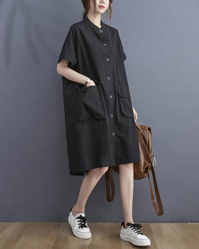 ellazhu Women's Dress Short Sleeve Button Down V-Neck Shirt Flowy Hem Pockets Spring Summer GA27443