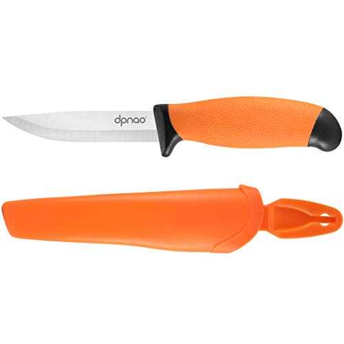 dpnao Fixed Blade Knife with Sharp Stainless Steel Blade and Sheath for Outdoor Survival, Camping Hunting, Bushcraft and Tactical, 4 inch, Orange