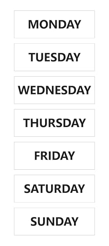Days of The Week Calendar Magnets - Non-Abbreviated, Bold, Easy-to-Read, Durable & Secure for Scheduling & Organization (3”W x 1”H) White with Black Text