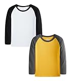 Cadidi Dinos Big Boys 2-Pack Long Sleeve Raglan Cotton T-Shirt Kids Color Block Crewneck Casual Tops Tees Size 9-10 Years Yellow/White
