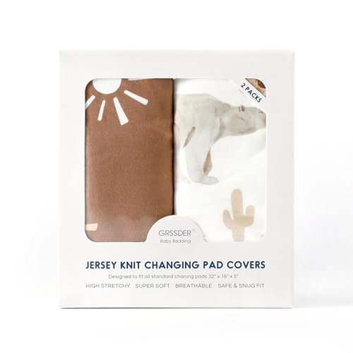 Image of GRSSDER Stretch Ultra Soft Jersey Knit Changing Pad Cover Set 2 Pack, Change Table Pad Covers Fit 32 inch /34 inch x 16 inch Pads Safe and Snug, Cute Diaper Changing Pad Covers of Sunny Bear Print