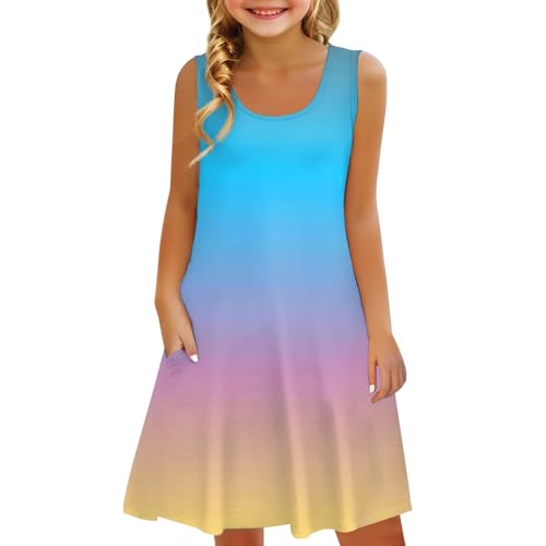 Mjjsk Vestido de verano para niñas, casual, sin mangas, ligero, suave, cuello redondo, acampanado, para vacaciones, bohemio, playa, acogedor, azul, 12-13 años