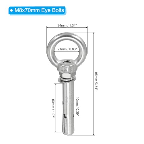 Image of PATIKIL Expansion Eye Bolt M8x70mm, 4 Pack 304 Stainless Steel Shoulder Anchors Eyebolt Screw with Eye Ring for Concrete Brick Walls Canopy Engineering Rigging Silver