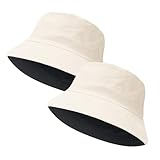 PFFY 2 Packs Reversible Bucket Hat for Women Men Cotton Hats Sun Beach Fishing Cap Black/Beige