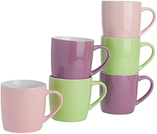 Argon Tableware Tea Coffee Mugs - 6pc Contemporary Coloured Ceramic Cups Set - 350ml - Pink Green Purple