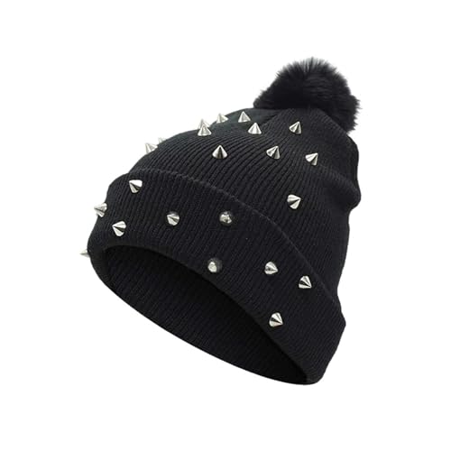Dermalyx Gorro de inverno punk Rivet de malha com pompom de lã, Grunge & Y2K Aesthetic Beanie, alternativa gótica emo, acessórios emo góticos, outono inverno quente