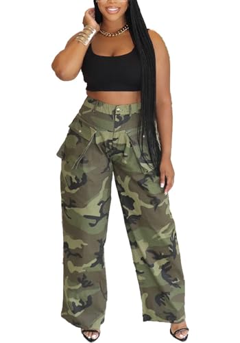 Women's Camo Cargo Pants Y2K High Waisted Wide Leg Baggy Army Fatigue Trousers with Pockets Sweatpants2