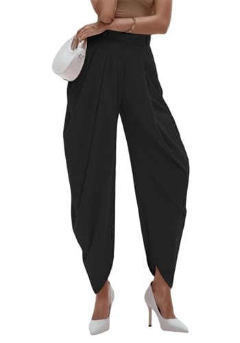 Image of Quzzion Women Dress Casual Pants Business High Waisted Baggy Pleated Pants Elegant Palazzo Suit Work Trousers, Black, XL