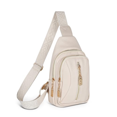 Relang Sling Bag for Women Crossbody, Leather Cross Body Fanny Packs for Women, Trendy Chest Bag for Travel and Daily Use White Gold Chain Lock
