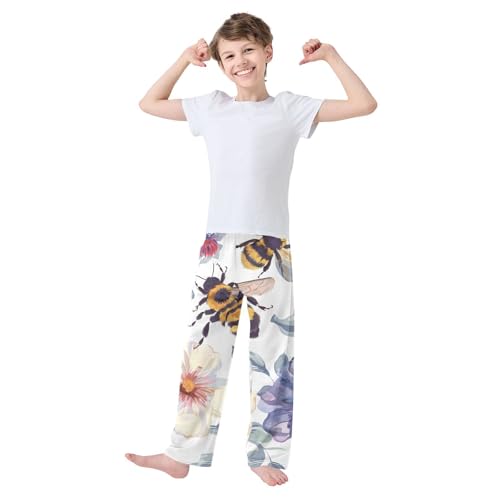 ZZXXB Lovely Bee Flowers Boys Long Pants Soft Trousers Elastic Waist Kids Lounge Bottoms with Pockets S-XL3