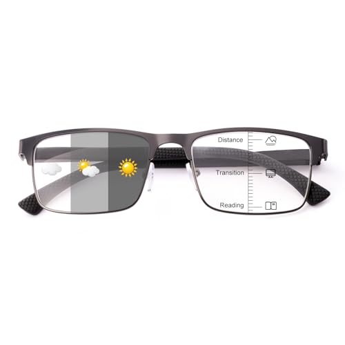 OKH Gafas de Lectura Multifocales Fotocromáticas para Hombre, Metal Gafas de Lectura Progresivas sin Líneas, Bloqueo de Luz Azul, Protección UV (Gris Metalizado 2.0)