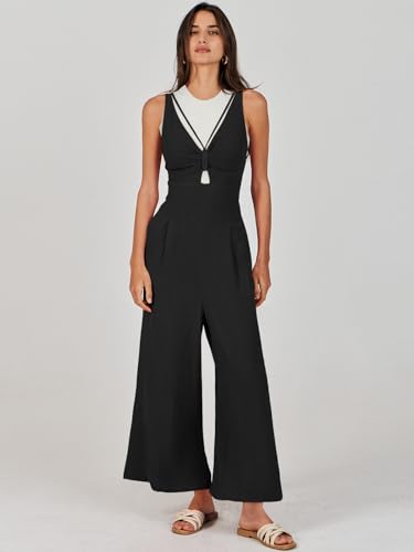 ANRABESS Womens Jumpsuits Summer Linen Wide Leg Sleeveless V Neck Casual Dressy Rompers Pants 2026 Spring Vacation Outfits Black Medium